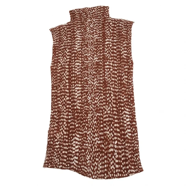 イッセイミヤケISSEY MIYAKE ストレッチプリーツドットハイネックノースリーブロングカットソー 赤茶オフL K-104674_011