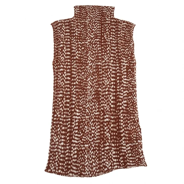 イッセイミヤケISSEY MIYAKE ストレッチプリーツドットハイネックノースリーブロングカットソー 赤茶オフL K-104674_002