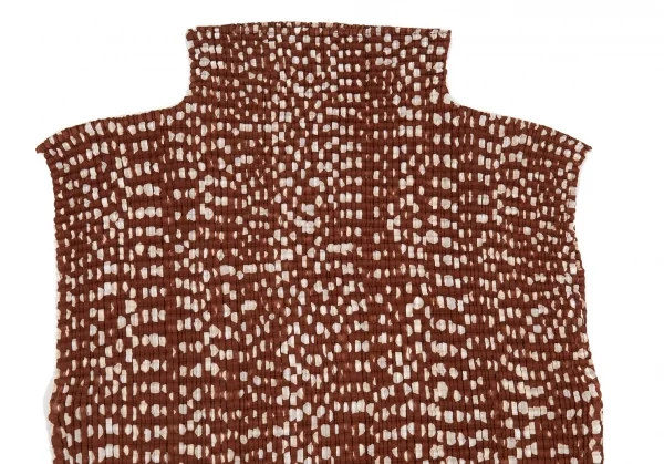 イッセイミヤケISSEY MIYAKE ストレッチプリーツドットハイネックノースリーブロングカットソー 赤茶オフL K-104674_003