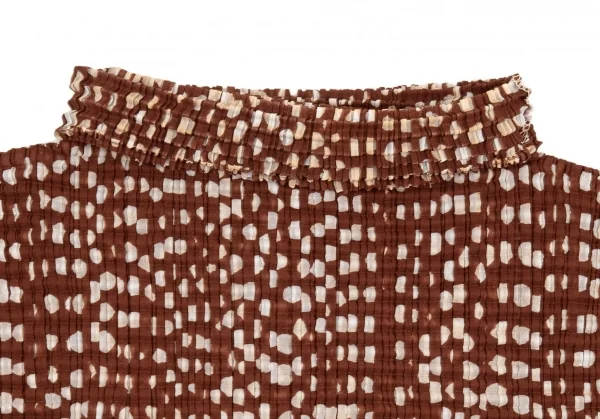 イッセイミヤケISSEY MIYAKE ストレッチプリーツドットハイネックノースリーブロングカットソー 赤茶オフL K-104674_004