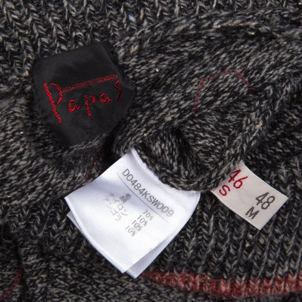 パパスPapas シルク混バックロゴチェーンステッチ襟付きニットセーター 黒グレー46S K-104687_013