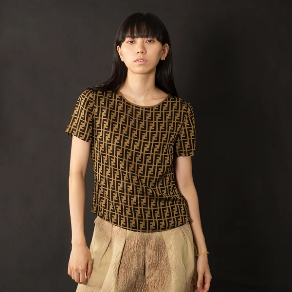 フェンディFENDI シルク混ズッカ柄サイドジップ半袖ブラウス ベージュ黒M位 K-104747_017