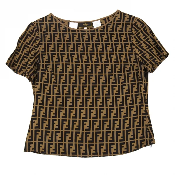 フェンディFENDI シルク混ズッカ柄サイドジップ半袖ブラウス ベージュ黒M位 K-104747_002
