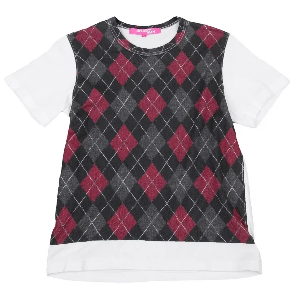 ジュンヤワタナベピンク コムデギャルソンJUNYA WATANABE PINK COMME des GARCONSコットンフロントアーガイルプリントTシャツ 白黒M K-104766_001
