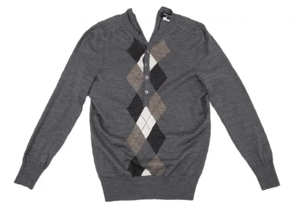 ジュンヤワタナベコムデギャルソンJUNYA WATANABE COMME des GARCONS ウールアーガイルヘンリーネック変形ニット グレーマルチS K-104767_002