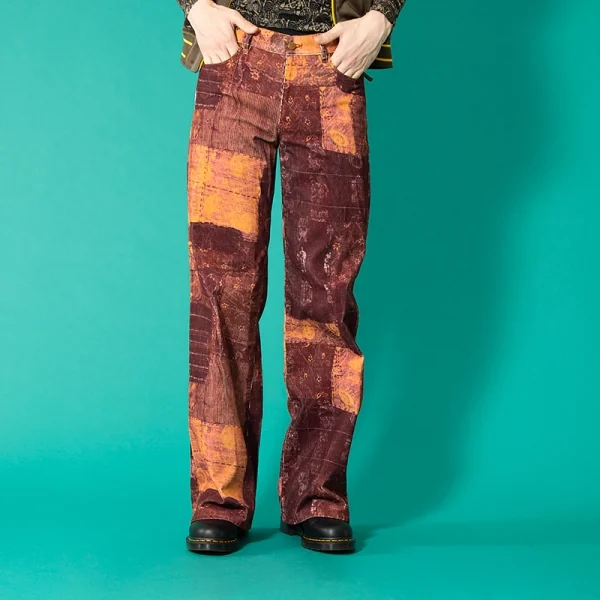 ジャンポールゴルチエJean Paul GAULTIER PARIS コットンポリコーデュロイパッチワーク転写プリントフレアパンツ ワイン48 K-104785_017