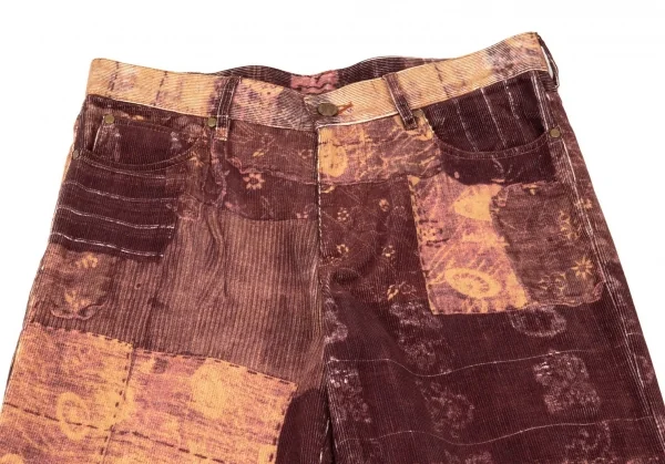 ジャンポールゴルチエJean Paul GAULTIER PARIS コットンポリコーデュロイパッチワーク転写プリントフレアパンツ ワイン48 K-104785_002