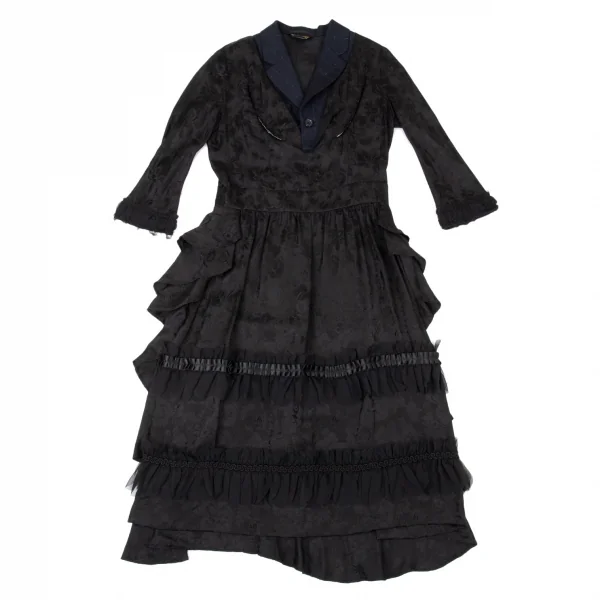 コムデギャルソンCOMME des GARCONS ジャケットドッキングシルクフラワージャガードワンピース 黒紺S K-104803_002