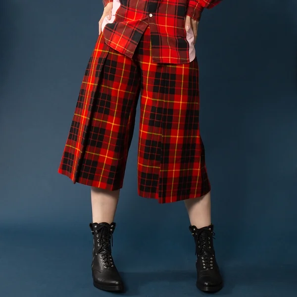 ジュンヤワタナベ コムデギャルソンJUNYA WATANABE COMME des GARCONS ウールチェックタックワイドハーフパンツ 赤黒黄S K-104864_013