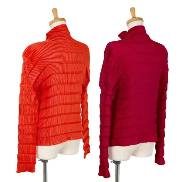 イッセイミヤケISSEY MIYAKE リバーシブルボーダープリーツカーディガン オレンジ赤2 K-104883_002