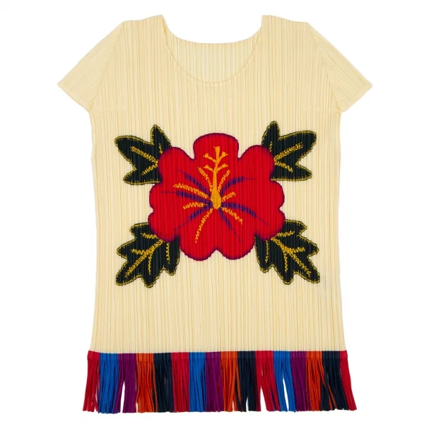 プリーツプリーズPLEATS PLEASE プリーツハイビスカスプリントフリンジカットソー クリームマルチ3 K-105044_002