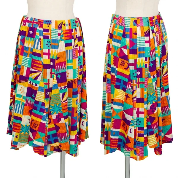 プリーツプリーズPLEATS PLEASE プリーツフラッグプリントフレアスカート マルチ5 K-105075_001