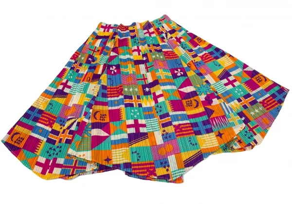 プリーツプリーズPLEATS PLEASE プリーツフラッグプリントフレアスカート マルチ5 K-105075_005