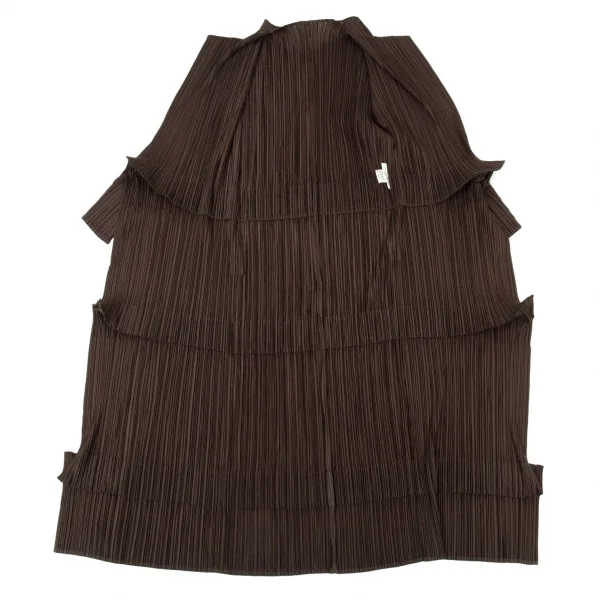 プリーツプリーズPLEATS PLEASE プリーツ折り返し切替ボタンレスロングカーディガン 茶3 K-105080_010