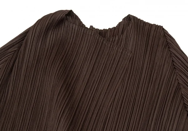 プリーツプリーズPLEATS PLEASE プリーツ折り返し切替ボタンレスロングカーディガン 茶3 K-105080_004