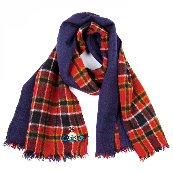 ヴィヴィアンウエストウッドVivienne Westwood オーブ刺繍チェック切替ストール 青オレンジ K-105109_001