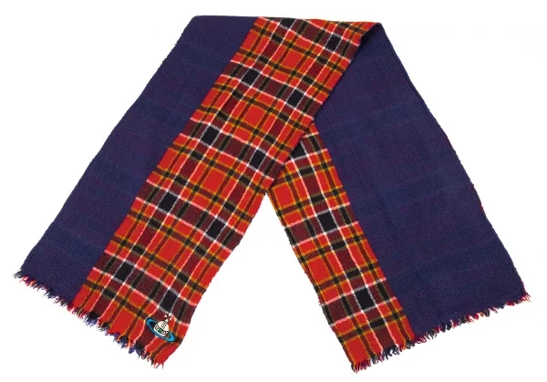 ヴィヴィアンウエストウッドVivienne Westwood オーブ刺繍チェック切替ストール 青オレンジ K-105109_002