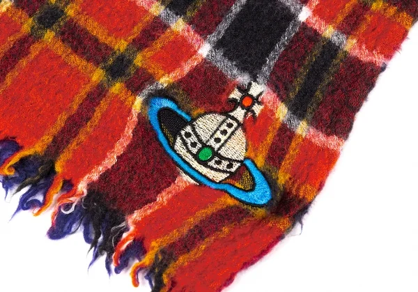 ヴィヴィアンウエストウッドVivienne Westwood オーブ刺繍チェック切替ストール 青オレンジ K-105109_005