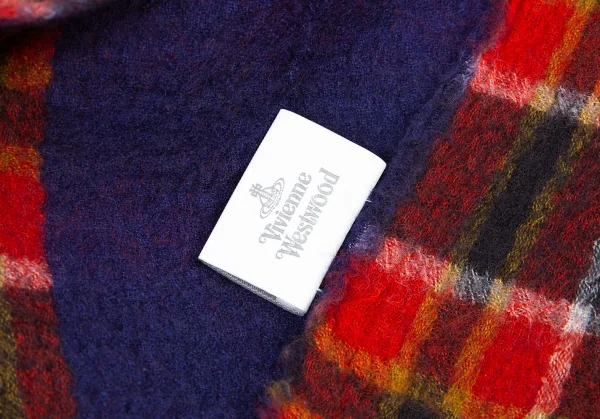 ヴィヴィアンウエストウッドVivienne Westwood オーブ刺繍チェック切替ストール 青オレンジ K-105109_007