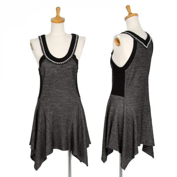 ヒロコビスHIROKO BIS ウールアセテートリブニット切替ノースリーブフレアワンピース 黒9 K-105115_001