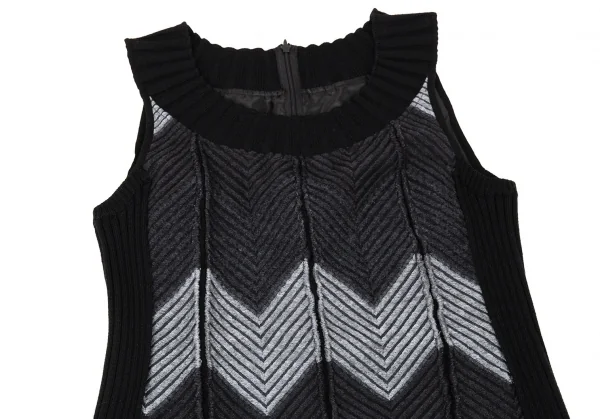 ヒロコビスHIROKO BIS ウール混ジグザグ織り異素材切替ノースリーブワンピース 黒グレー9 K-105116_003