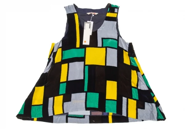 バッカBACCA ボックスプリントベロアノースリーブトップス 黒黄緑38 K-105179_002