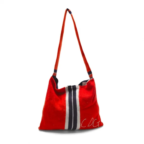 新品!コムデギャルソンCOMME des GARCONS スワロフスキー装飾ラインニットリメイクショルダーバッグ オレンジ紺 K-105236_002