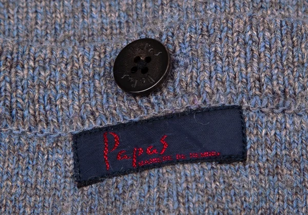 パパスPapas アンゴラ混ロゴワンポイント刺繍ラウンドネックニットカーディガンベスト グレー青48M K-105272_010