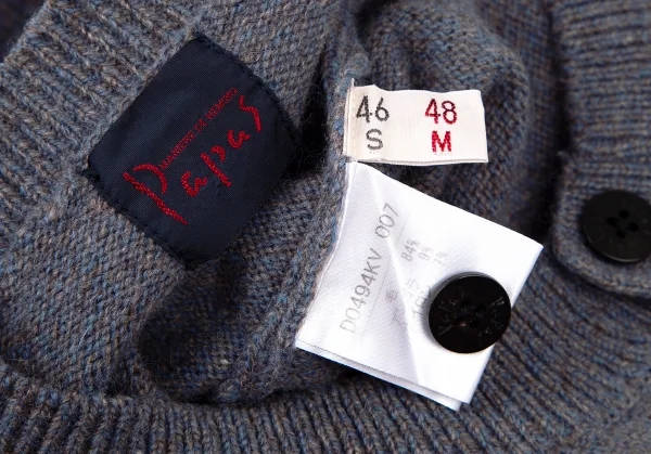 パパスPapas アンゴラ混ロゴワンポイント刺繍ラウンドネックニットカーディガンベスト グレー青48M K-105272_014