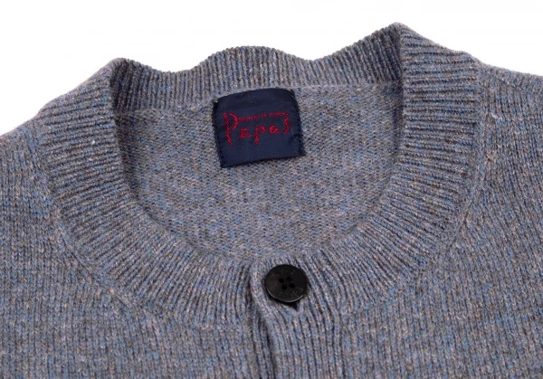 パパスPapas アンゴラ混ロゴワンポイント刺繍ラウンドネックニットカーディガンベスト グレー青48M K-105272_003