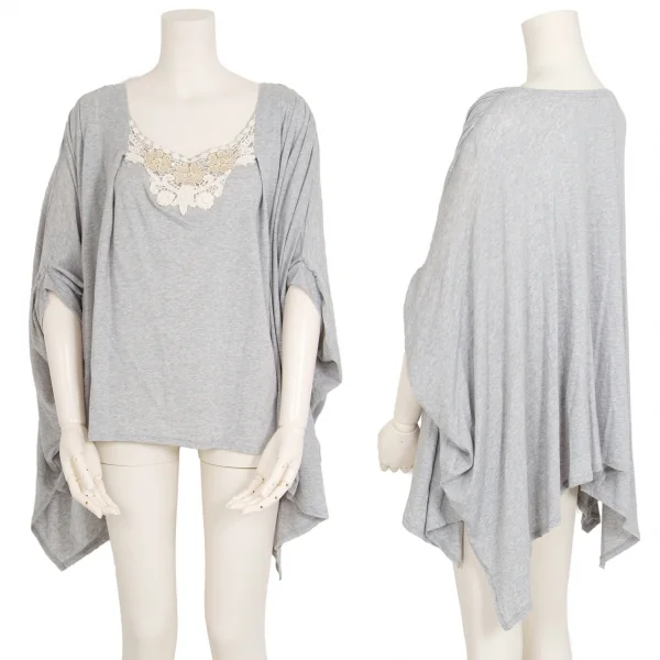 スナオクワハラsunao kuwahara コットンレーヨン花柄レース刺繍ドルマンカットポンチョ 杢グレーM K-105280_001