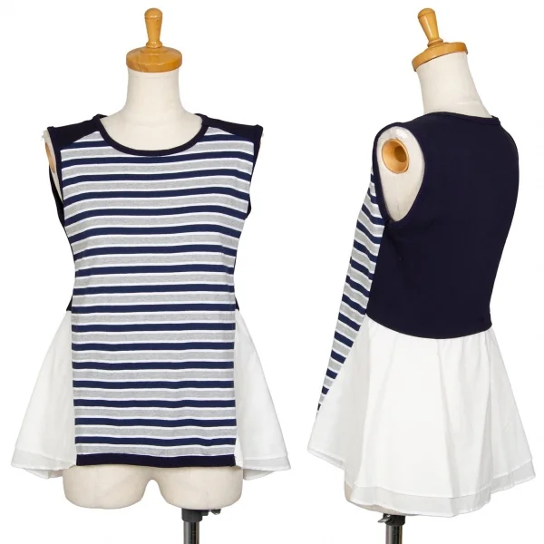 アツロウタヤマATSURO TAYAMA コットンボーダーシャツレイヤードノースリーブトップス 紺グレー白36 K-105284_001