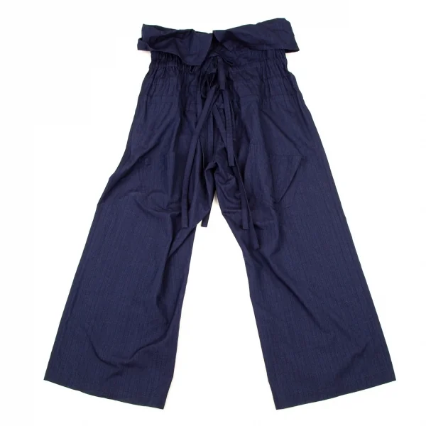 ヨウジヤマモト ファムYohji Yamamoto FEMME コットンストライプウエスト折り返しドロストワイドパンツ 青2 K-105294_007