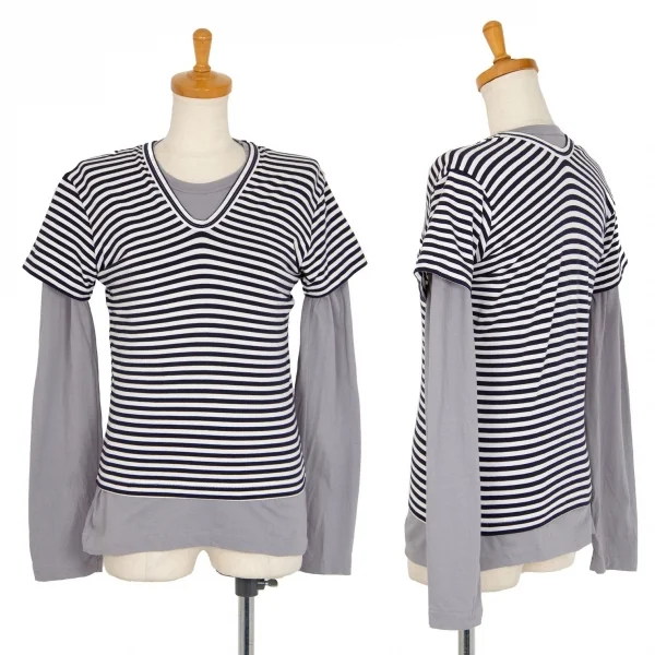 コムデギャルソンCOMME des GARCONS アクリルコットンVネックボーダーストレッチレイヤードカットソー 白紺グレーS K-105301_001