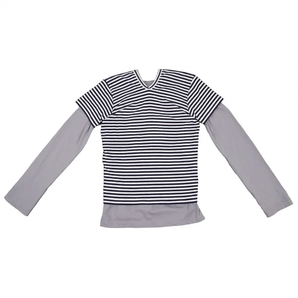 コムデギャルソンCOMME des GARCONS アクリルコットンVネックボーダーストレッチレイヤードカットソー 白紺グレーS K-105301_010