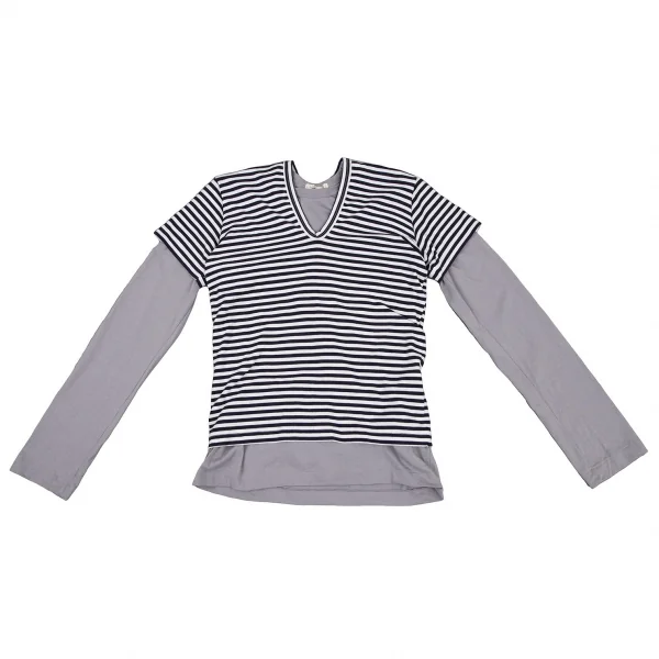 コムデギャルソンCOMME des GARCONS アクリルコットンVネックボーダーストレッチレイヤードカットソー 白紺グレーS K-105301_002