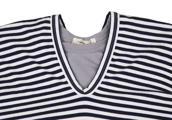 コムデギャルソンCOMME des GARCONS アクリルコットンVネックボーダーストレッチレイヤードカットソー 白紺グレーS K-105301_003