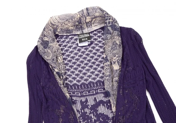 ジャンポールゴルチエ マイユファムJean Paul GAULTIER MAILLE FEMME グラフィックプリント切替レースニットカーディガン 紫M K-105513_003