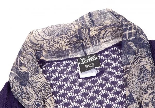 ジャンポールゴルチエ マイユファムJean Paul GAULTIER MAILLE FEMME グラフィックプリント切替レースニットカーディガン 紫M K-105513_004