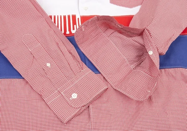 新品!コムデギャルソン オムCOMME des GARCONS HOMME スクールパッチ切替チェック長袖シャツ 赤他L K-105560_007