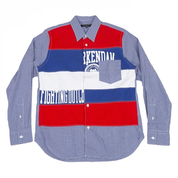 新品!コムデギャルソン オムCOMME des GARCONS HOMME スクールパッチ切替チェック長袖シャツ 青他XS K-105562_001
