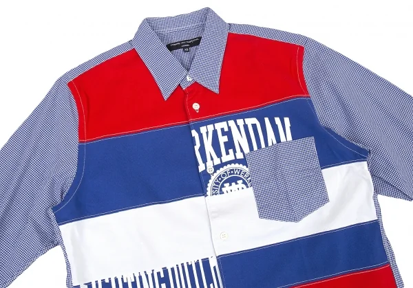 新品!コムデギャルソン オムCOMME des GARCONS HOMME スクールパッチ切替チェック長袖シャツ 青他XS K-105562_002