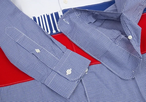 新品!コムデギャルソン オムCOMME des GARCONS HOMME スクールパッチ切替チェック長袖シャツ 青他XS K-105562_007
