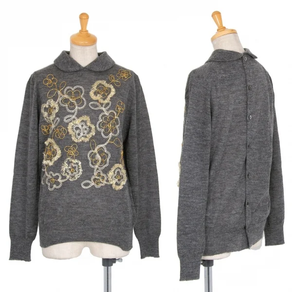 新品!トリコ コムデギャルソン トリコスペシャルtricot COMME des GARCONStricot Special バックボタンレース装飾アンゴラニット グレー白M K-105564_001