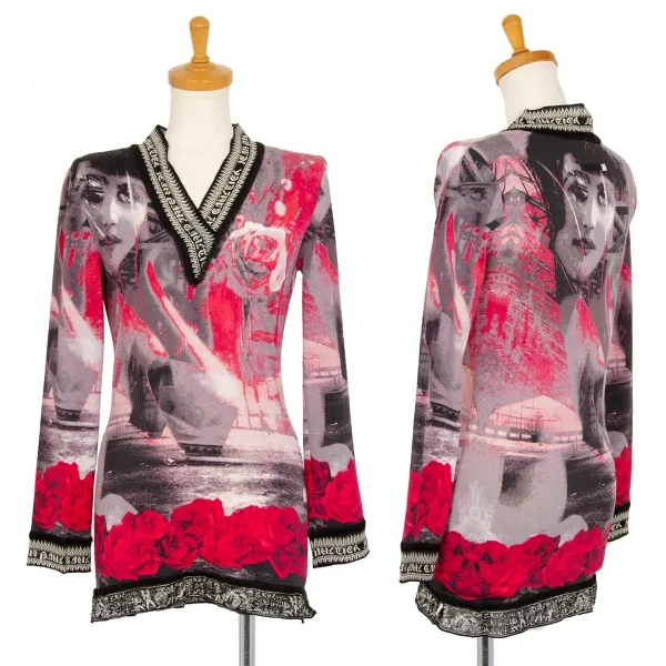 ジャンポールゴルチエ クラシックJean Paul GAULTIER CLASSIQUE グラフィックローズプリントカットソー グレー赤黒40 K-105618_001