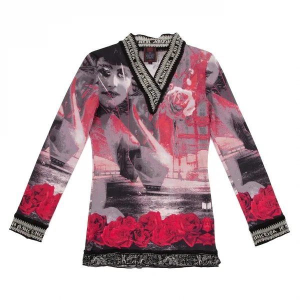 ジャンポールゴルチエ クラシックJean Paul GAULTIER CLASSIQUE グラフィックローズプリントカットソー グレー赤黒40 K-105618_002