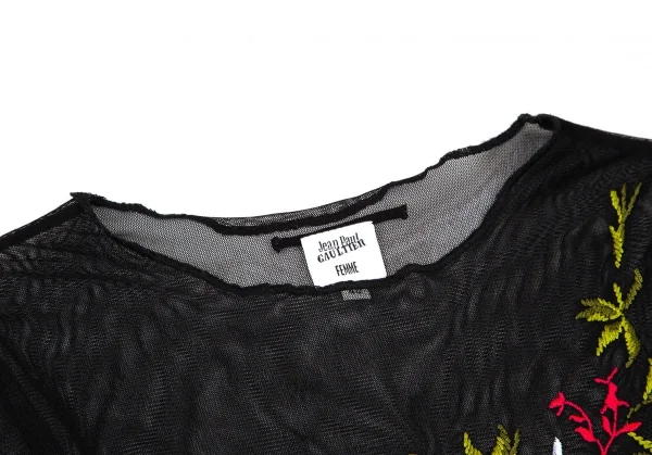 ジャンポールゴルチエ ファムJean Paul GAULTIER FEMME フラワー刺繍パワーネットカットソー 黒40 K-105627_004