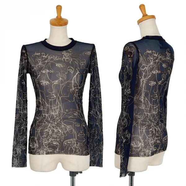 ジャンポールゴルチエ ファムJean Paul GAULTIER FEMME フェイス線画プリントパワーネットカットソー 紺40 K-105628_001