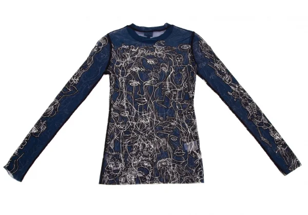 ジャンポールゴルチエ ファムJean Paul GAULTIER FEMME フェイス線画プリントパワーネットカットソー 紺40 K-105628_011