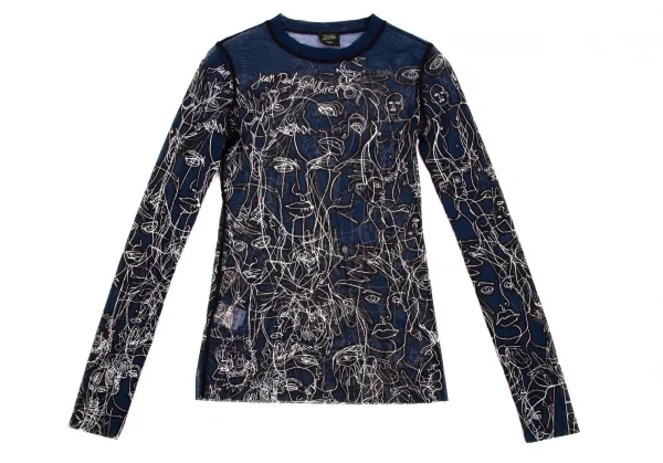 ジャンポールゴルチエ ファムJean Paul GAULTIER FEMME フェイス線画プリントパワーネットカットソー 紺40 K-105628_002